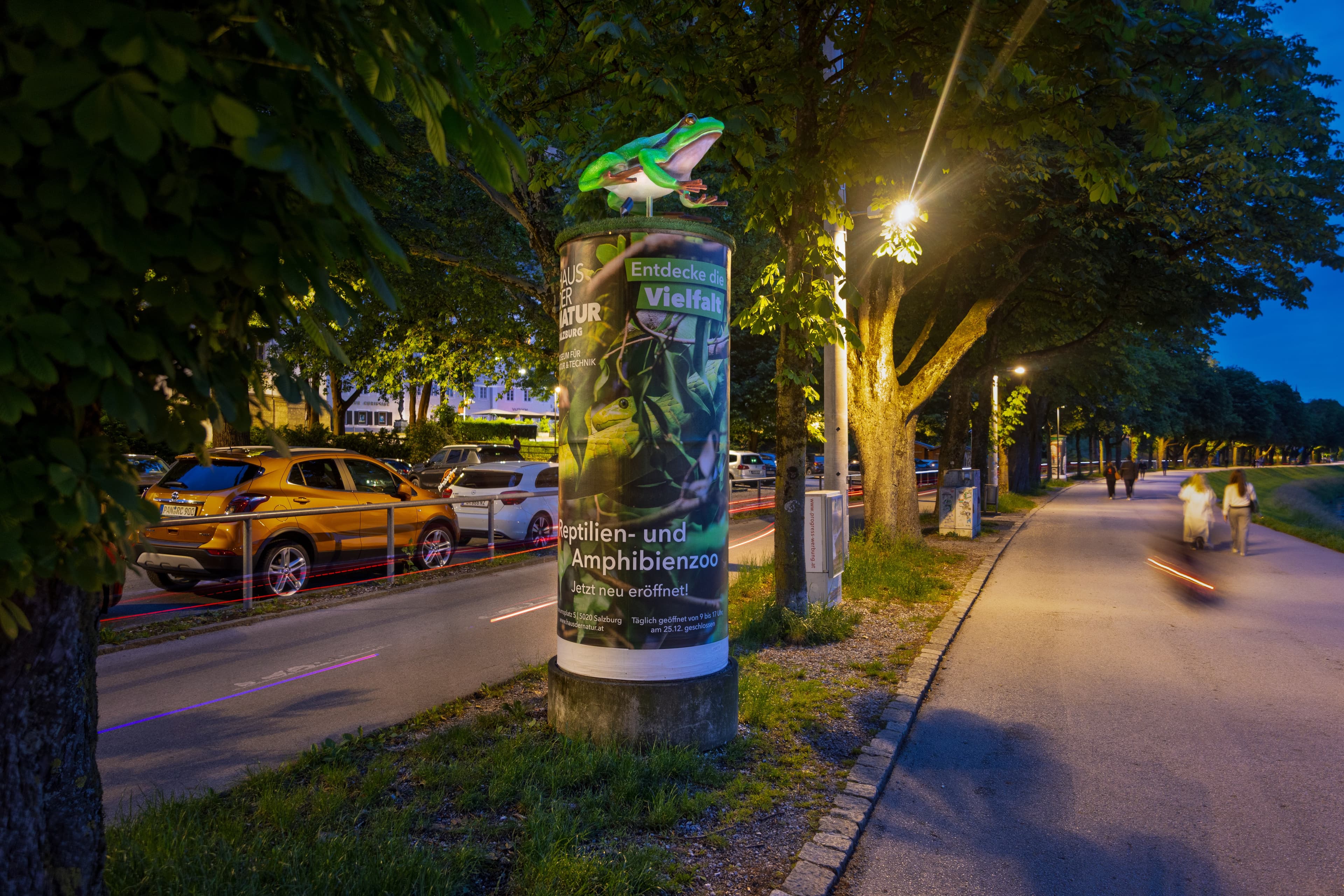Haus der Natur x Progress Werbung: 3D-Formatsprengung mit XXL-Frosch auf der Litfaßsäule